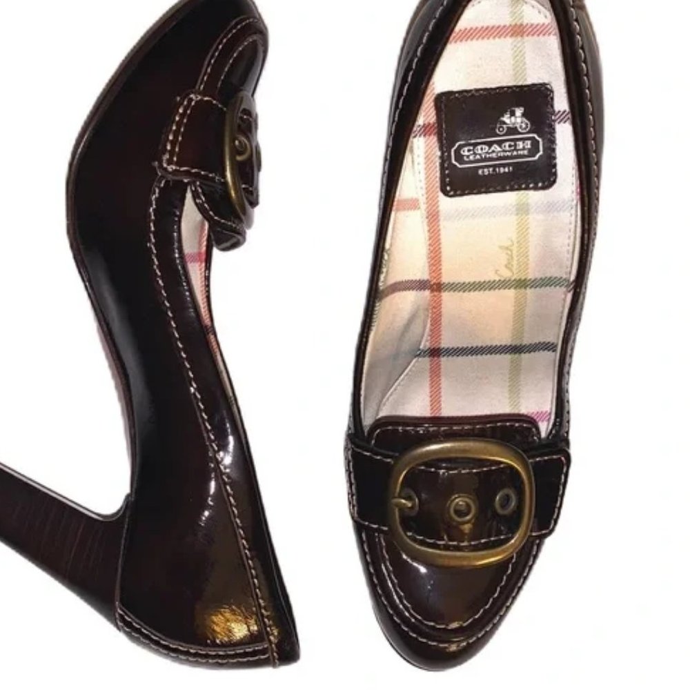 COACH Hillary Crinkle Patent Leather Buckle Block Heel Pumps in Black Size 7